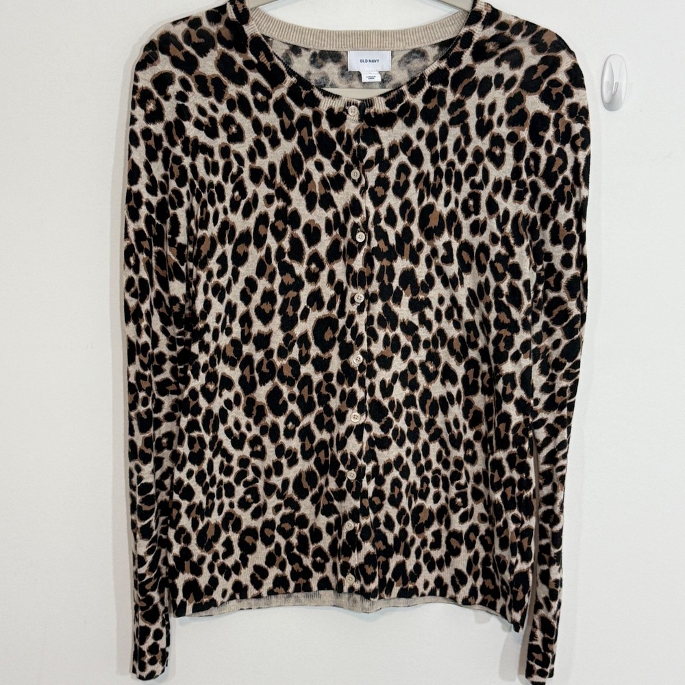 Old Navy Womens Cardigan Medium Beige Leopard Print Button Front Mob Wife